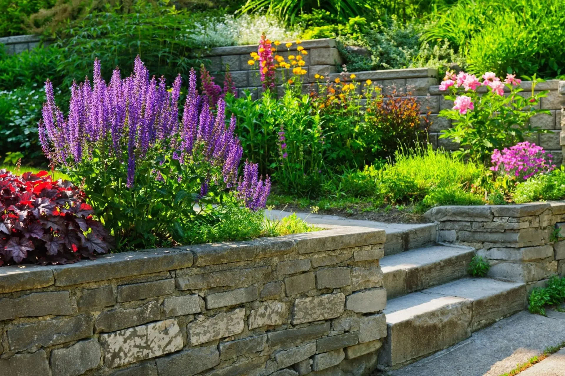 A garden with steps and flowers in the background.